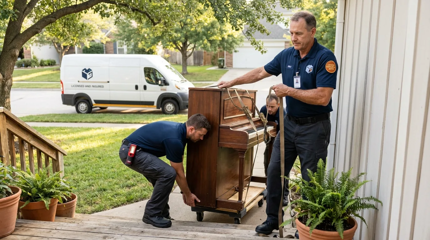 Licensed piano movers securing grand piano in Metcalfe, MS