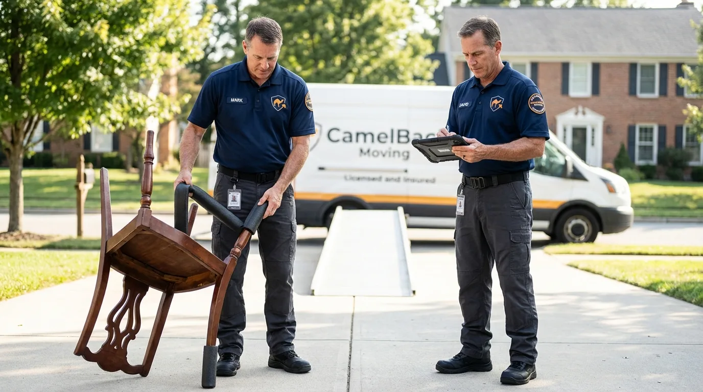 Movers inspecting furniture for damage prevention before loading in Metcalfe, MS