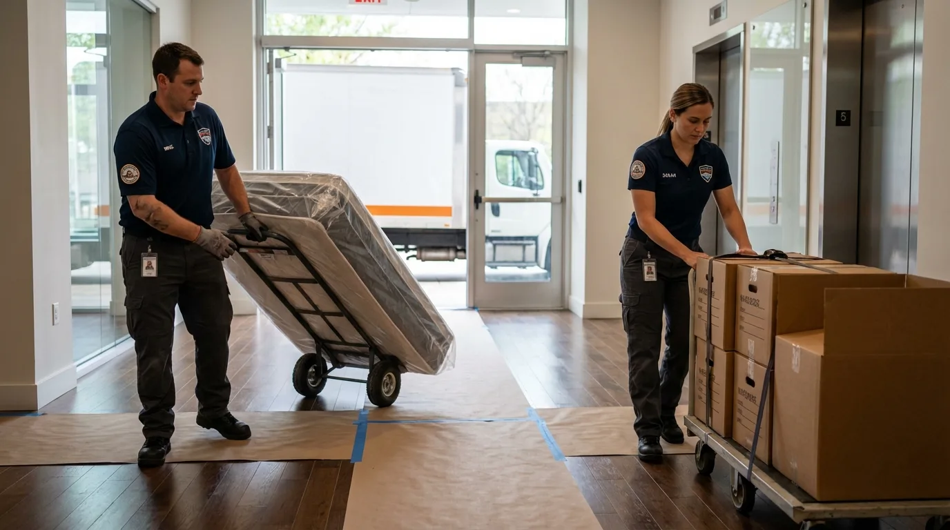 Professional apartment movers loading elevator in Metcalfe, MS